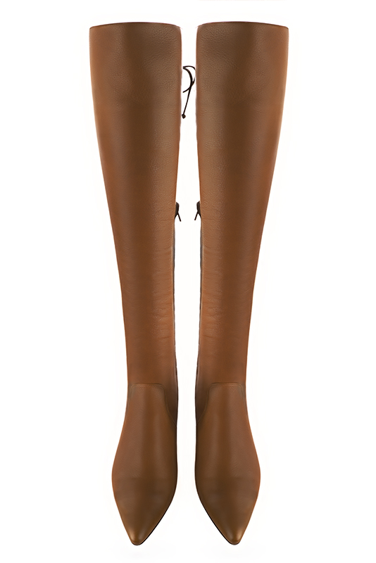 Caramel brown women's leather thigh-high boots. Tapered toe. Low flare heels. Made to measure. Top view - Florence KOOIJMAN